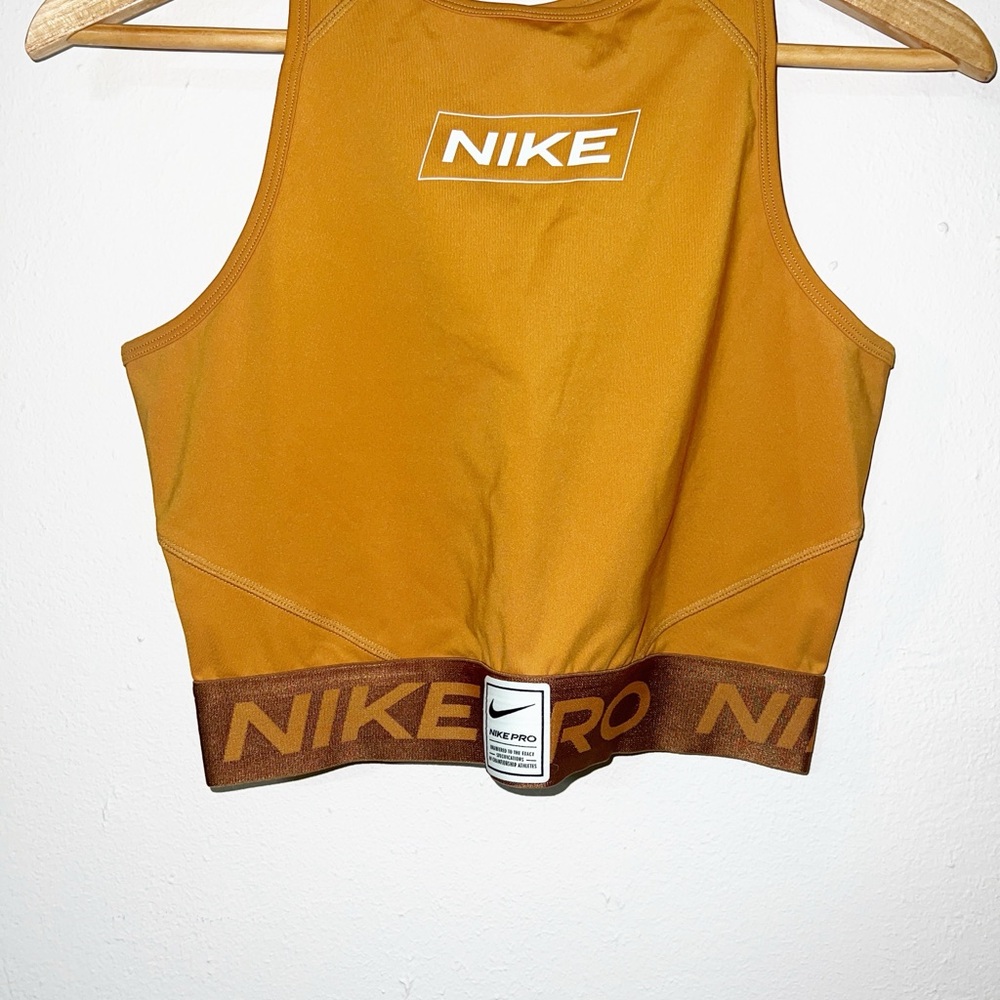 Nike pro Dri-fit Nike mustard yellow high neck longline crop top sports bra - Picture 3 of 9